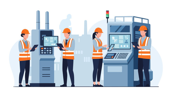 A team of factory workers in safety gear operating modern industrial machinery and control panels.