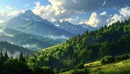 Fototapeta premium Pixelated Mountain Landscape with Dense Green Forest and Snowy Peaks Under Cloudy Blue Sky Detailed Digital Art Serene Outdoor Scenery