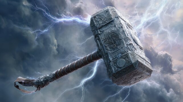 Stone hammer suspended in a sky filled with lightning and stormy clouds