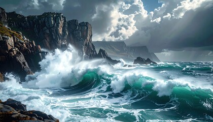 Pixelated Seascape with Crashing Waves Against Rocky Cliffs Under Cloudy Sky