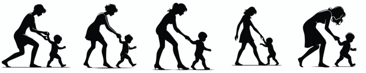 vector silhouette of mother training baby to walk