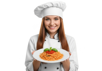 Happy chef woman holding plate of spaghetti isolated on transparent background