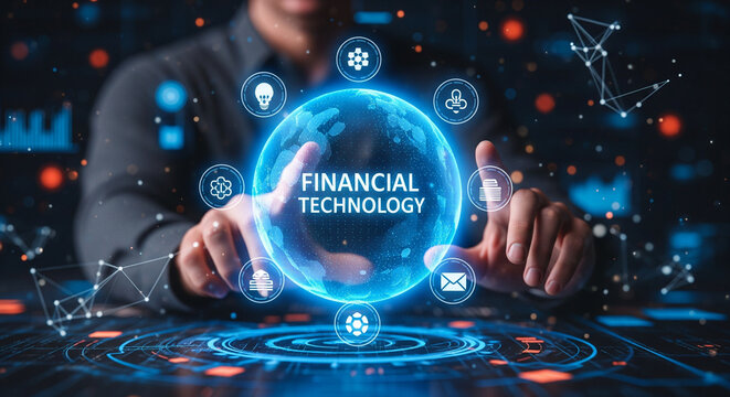 Fintech -financial technology concept. Young businessman select the icon Fintech on the virtual display - Powered by Adobe