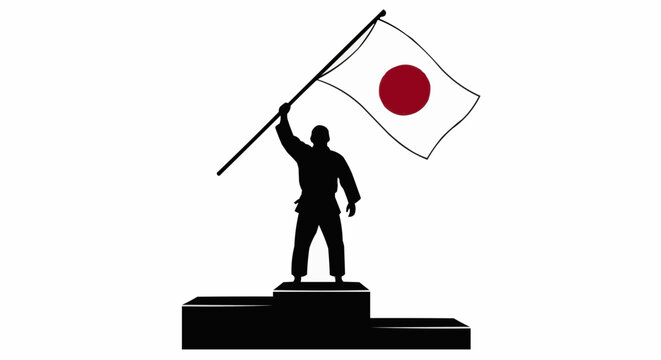 Triumphant martial artist on podium holding Japan flag after winning match