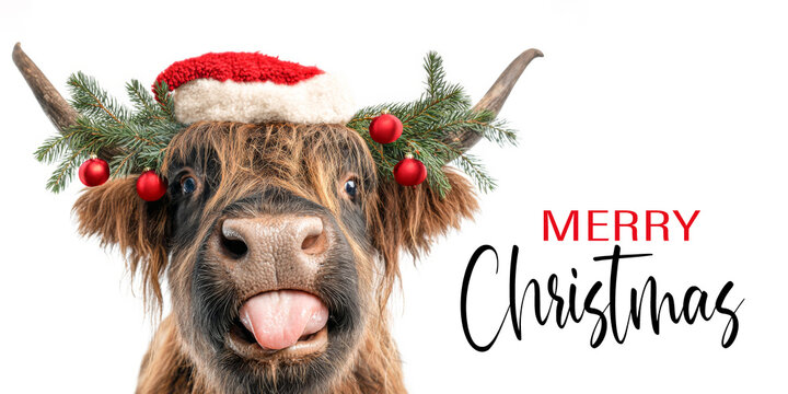 Merry Christmas concept holiday vacation winter greeting card postcard with text - Funny scottish highland cattle with santa hat, isolated on red background