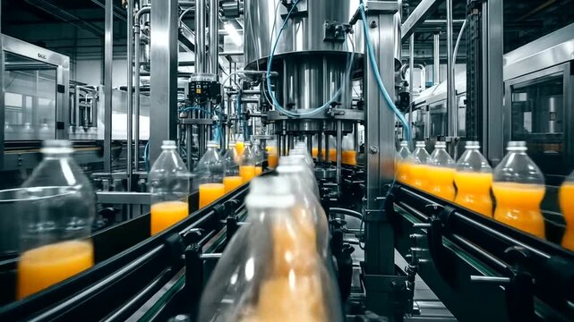 Bottling process of fresh orange juice in a modern factory with machinery and conveyor belts