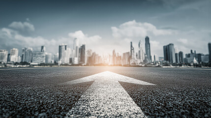Obraz premium Arrow Pointing Towards Urban Skyline: Cityscape Perspective for Business Strategy and Future Growth Concepts