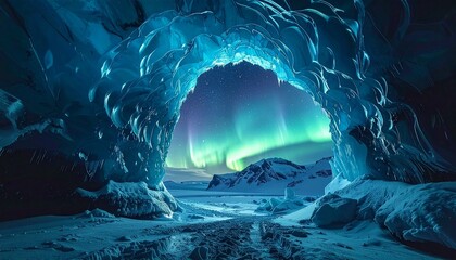 Stunning view of the Aurora Borealis through a glowing icy cave entrance in a snowy landscape