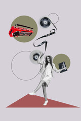 3d pop image vertical art collage of happy girl guy dance weekend chill occasion retro cassette boombox player celebration