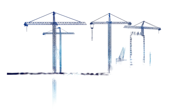 Silhouetted loading cranes, blue-tinted, against a stark black background