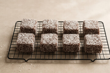 Australian Lamington Cakes on a Cooling Rack
