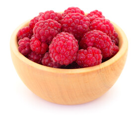 Fresh raspberries in wooden bowl isolated on white background