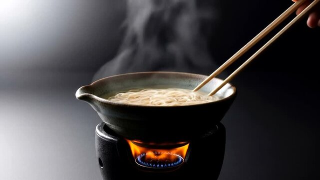 A hand stirring steaming noodles in a bowl on a tabletop stove, with a dark background