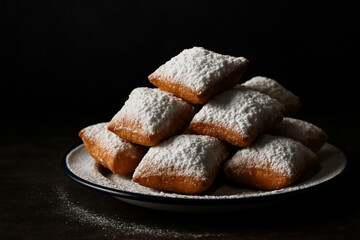 Plate of Beignets with Powdered Sugar on Dark Background