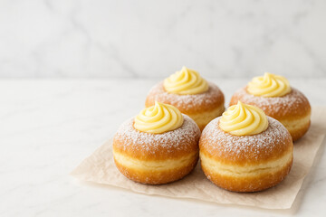 Cream-Filled Bomboloni Doughnuts on Marble Background