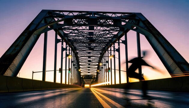 Silhouette of a person dancing on a bridge at sunset with dramatic sky and reflections - Powered by Adobe