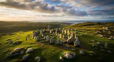 The Merry Maidens Stone Circle at Sunset, Cornwall, England.