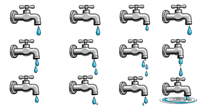 A collection of illustrated silver water faucets showing a dripping water sequence animation.