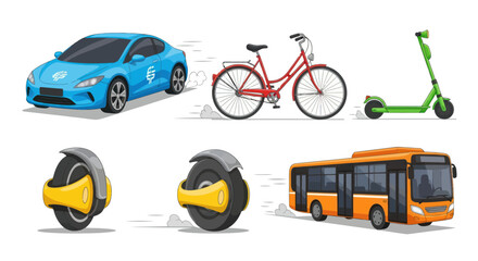 Collection of Various Transportation Vehicles: Car Bicycle Scooter Unicycle and Bus. © Il