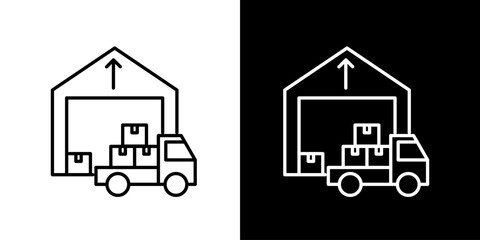 Vector outline icon depicting a logistics operation with a delivery truck loading goods at a warehouse, perfect for illustrating supply chain and freight services