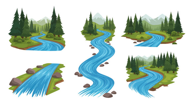 Illustrated Rivers Flowing Through Lush Green Forests.