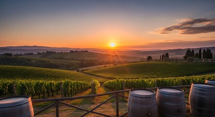 Obraz premium Tuscan Vineyard at Sunset - A Serene Landscape of Rolling Hills.