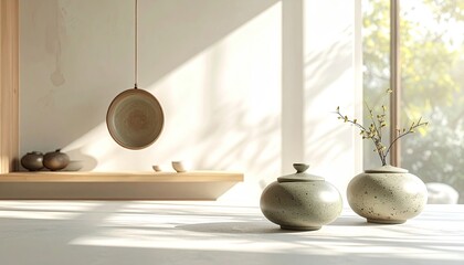 Traditional Japanese Tatami Tea Room With Autumn Decor And Natural Sunlight Streaming Through Window Creating Soft Shadows