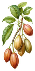 Artistic depiction of Theobroma cacao or cocoa plant with fruits and leaves
