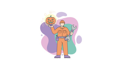 Worker in uniform holds a glowing Halloween pumpkin and wrench symbolizing festive maintenance or spooky season repairs