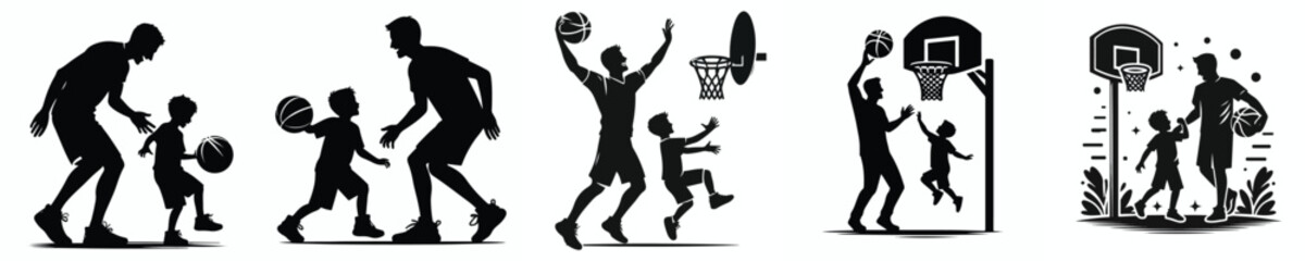 Obraz premium vector silhouette of father playing basketball with son