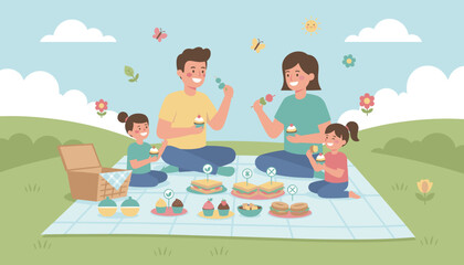 Happy family enjoying a sunny outdoor picnic on a grassy hill with food and sweet treats