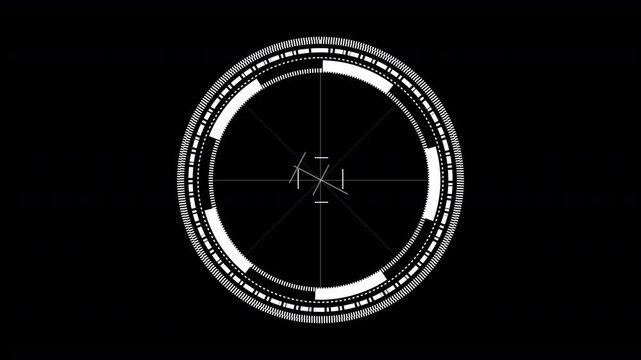 HUD Heads up spaceship cockpit display compass rotating disc or sci-fi security screen crosshair CCTV target overlay layer graphic with plain white outline 4K animation with black background