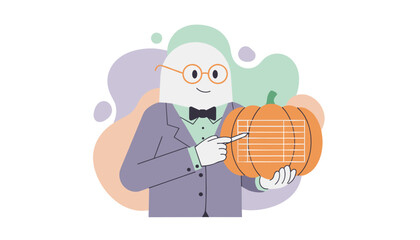 Character with pumpkin showing data grid Perfect for fall planning seasonal promotions or business
