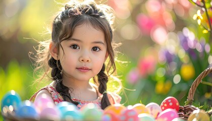 Smiling Girl with Colorful Easter Eggs in Spring Garden