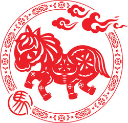 Vibrant red Chinese paper cut art of a horse in stride, with ornate circular border, clouds, and a zodiac character