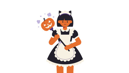Playful person in maid and cat ears costume holding a Halloween jackolantern wand