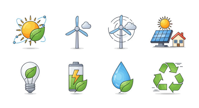 Colorful Renewable Energy and Sustainability Icons Set.