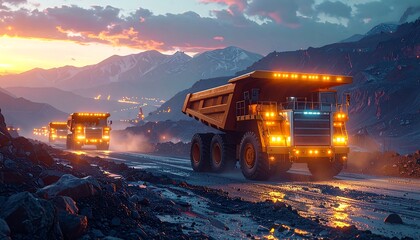 Mining trucks at sunset in a quarry.