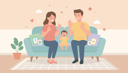 Happy family using sign language to communicate with their baby in a cozy home environment
