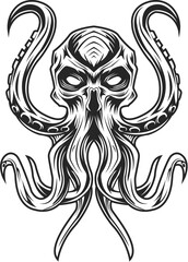 Black and White Octopus Vector Design in Sea Monster Style — Kraken Mascot Illustration for Logos, Tattoos, and Fantasy Designs