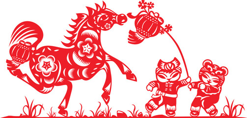 Vibrant Red Chinese paper cut art of a horse in stride, two Chinese dolls playing with the Lantern