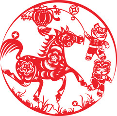 Red Chinese paper cut art features a galloping horse with intricate floral patterns, accompanied by two children in festive outfits holding a lantern, all within a circular frame with grass below.
