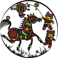A colorful Chinese paper cut art features a galloping horse with intricate floral patterns, accompanied by two children in festive outfits holding a lantern, all within a circular frame with grass bel