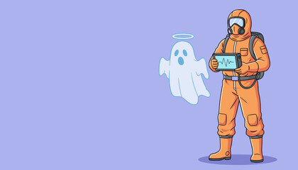 Hazmat suited investigator with tablet examining a friendly ghost with a halo Paranormal activity