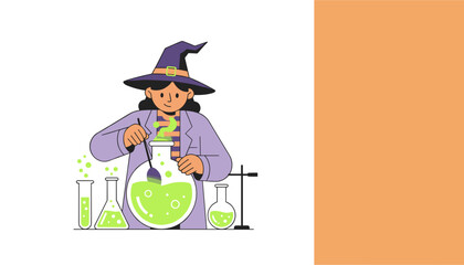 Friendly witch stirring a magical green potion in a lab perfect for Halloween science fun