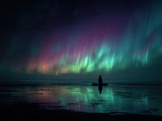 Night fishing under Aurora: A lone figure casts a line beneath the vibrant, dancing lights of the aurora borealis, serene and captivating.