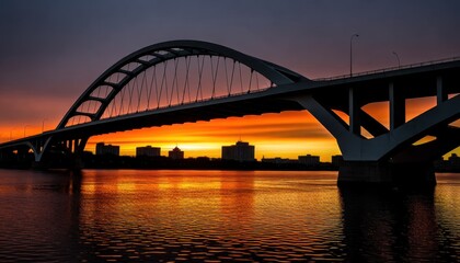 Naklejka premium Dramatic sunset over a modern arch bridge reflecting in calm water with city skyline