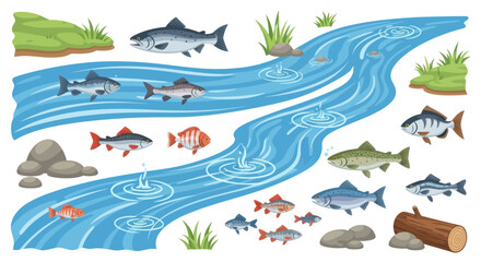 Diverse school of fish swimming in a winding river with aquatic plants and rocks. © Il