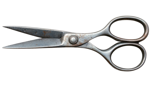 Aged metal scissors with open blades against a solid black background