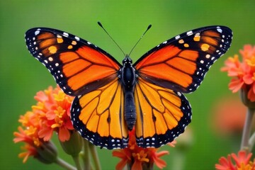Fototapeta premium Monarch butterfly feeding on nectar from a cluster of bright red milkweed blossoms, highlighting the symbiotic relationship with its host plant. Close up shot of a monarch butterfly with its proboscis